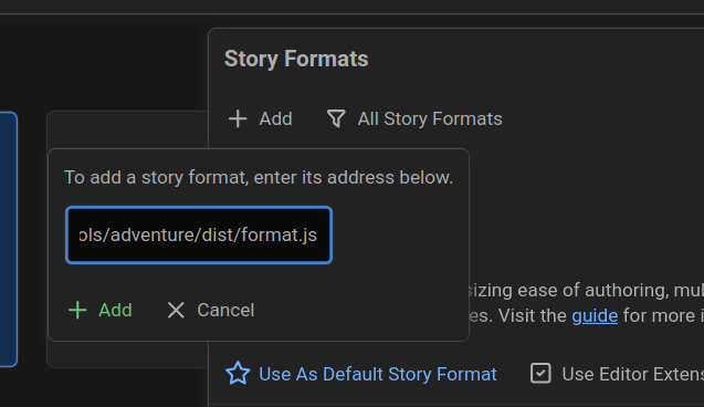 Screenshot of Twine add story format dialogue